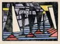 Jacoba van Heemskerck, Segelschiffe vor der Küste, 1915, Holzschnitt, koloriert, auf Bütten