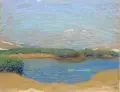 Hans Unger, (zugeschr.) Am Bergsee. 1. H. 20. Jh, Farbige Pastellkreidezeichnung auf grauem Papier