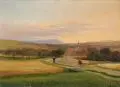 Johann Anton Castell, (zugeschr.), Abendliche Landschaft mit Blick auf die Plauener Kirche und den Windberg bei Dresden. Wohl um 1860