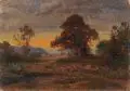 Wilhelm Heinrich Schneider, Baumbestandene Landschaft mit Feldarbeitern / Landarbeiter auf einem Stoppelfeld bei Eibenstock. 2. H. 19. Jh./1887, Öl auf Papier, vollflächig auf Malpappe maroufliert/ Bleistiftzeichnung auf gelblichem Karton