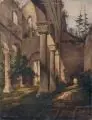 Carl Wagner, (zugeschr.), Ruine der Klosterkirche Paulinzella. Wohl um 1830-1860, Öl auf Leinwand, vollflächig auf Pappe maroufliert