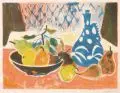 Erhard Hippold, Stillleben mit Obstschale und blauer Flasche. Wohl 1960er Jahre