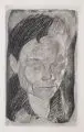 Käthe Kollwitz, Frauenkopf, 1905, Strichätzung, Kaltnadel, Aquatinta, Schmirgel und Vernis mou auf gelblichem Similijapan mit Prägestempel "A.V.D