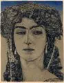 Hans Unger, Frauenporträt mit Kopfschmuck, 1908, Lithografie, partiell koloriert