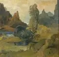Max Hartwig, Landschaftsidylle mit Teich und Bergen. Anfang 20. Jh, Öl auf kaschierter Malpappe