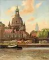 Fritz Leopold Hennig, Dresden - Malerwinkel mit Frauenkirche und Rathausturm. 1930er/1940er Jahre, Öl auf Holz