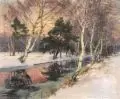 Franz Schreyer, Winterabend am Moor, Öl auf Leinwand in waagerecht verlaufender Ripsbindung