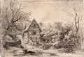 Wilhelm Heinrich Schneider, Fachwerkgehöft am Waldrand. 2. H. 19. Jh, Kohlestiftzeichnung auf bräunlichem Papier