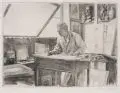 Georg Jahn, Georg Jahn am Arbeitstisch, 1926, Kaltnadelradierung in Crayonmanier mit Roulette auf Kupferdruckpapier