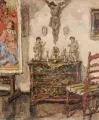 Wilhelm Blanke, Interieur mit Kruzifix und Staffelei. 1. H. 20. Jh, Öl auf Malpappe