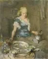 Ludwig Muhrmann, Mädchen beim Zinnputzen. 1920er Jahre, Öl auf Leinwand, auf Hartfaserplatte maroufliert