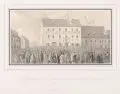 Bernhard von Arnswald, Enthüllung der Gedenktafel an [Samuel] Hahnemanns Geburtshaus zu Meißen, Pinsel- und Federzeichnung in brauner und schwarzer Tusche über Bleistift auf gelblichem Papier