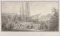 Bernhard von Arnswald, Kinderfest der Herzogin zu Orleans zu Eisenach, Um 1874, Pinsel- und Federzeichnung in brauner und schwarzer Tusche über Bleistift, partiell weiß gehöht, auf gelblichem Papier
