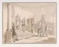 Georg Eberlein, Zusammenkunft der Kaiser v[on] Österreich und Russland in Weimar, Um 1857, Bleistiftzeichnung mit Aquarell in Braun