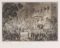 Carl Reinhardt, Fackelzug der Dresdner Künstler zu Ehren König Ludwigs, 1859, Pinselzeichnung in Tusche, partiell weiß gehöht, auf grau-braunem Papier