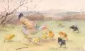 Carl Jutz, Henne mit Küken. Wohl spätes 19. Jh, Aquarell über Bleistift auf Karton