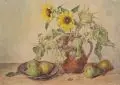 Erich Lindenau, Stilleben mit Sonnenrosen und Birnen, 1946, Aquarell auf genarbtem, hellgrauen Karton