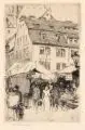 Walter Zeising, Jahrmarkt (Verkaufsbuden) in Pirna, 1905, Radierung auf festem Japanbütten