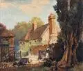 Edward King, Blick auf ein englisches Gut mit Bäuerin. 2. H. 19. Jh, Öl auf Leinwand, ganzflächig auf Holz aufgezogen