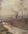 Reinhold Martin Kuntze, Zwickau, vom Brückenberg aus gesehen (Industrielandschaft), 1916, Öl auf Malpappe