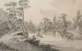 Adrian Zingg, Sächsische Flußlandschaft mit Holzbrücke, 1785, Federzeichnung in Tusche, laviert, auf chamoisfarbenem "Pro Patria"-Bütten (Wasserzeichen mittig)