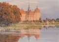 Adolf Noether, Blick auf Schloß Moritzburg im Herbst. Anfang 20. Jh, Aquarell und farbige Pastellkreide über Blei auf kräftigem Papier
