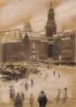Emil Rosenstand, Dresden - Altmarkt mit Kreuzkirche und Rathausturm im Winter. Anfang 20. Jh, Kohlestiftzeichnung und farbige Kreiden auf dünner Malpappe
