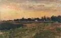 Karl Buchholz, Abendliche Landschaft bei Weimar. Wohl 2. Hälfte 1870er Jahre, Öl auf kräftigem Papier, auf Malpappe kaschiert