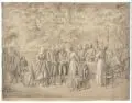 Theobald von Oer, Die Fürstin Gallitzin im Kreis ihrer Freunde, Vor 1864, Schwarze Kreide und Blei, partiell weiß gehöht, auf bräunlichem Karton, auf Baumwollgewebe kaschiert