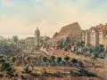 Carl Ferdinand Sprosse, Leipzig – Blick über den Stadtgraben zur Pleißenburg, 1857, Aquarell über Federzeichnung in brauner Tusche, partiell in Blei akzentuiert und teilweise weiß- und eiweißgehöht, auf leichtem Karton