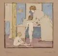 Margarethe Geibel, Margarete Geibel, Beim Waschen der Kinder, 1905, Farbholzschnitt auf fasrigem Papier
