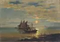 C. Lucas, Holländische Küstenlandschaft mit Segelbooten und Windmühlen, 1882, Öl auf Leinwand