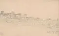 Oskar von Alvensleben, Blick auf San Miniato al Monte in Florenz, 1857, Bleistiftzeichnung auf gelblichem Papier
