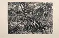 Ernst Barlach, Die Jakobsleiter, 1924/1925, Holzschnitt auf hellem, zu einem Doppelblatt gefalteten Werkdruckpapier mit Löchlein der ehemaligen Fadenheftung am Blattrand li