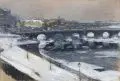 Gotthardt Kuehl, Augustusbrücke im Winter, Gouache und Pastellkreide über Grafit auf kräftiger, beidseitig mit gelblichem Papier kaschierter Malpappe