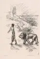 Max Liebermann, Flöte blasendes Kind, gefolgt von einem Löwen, 1924, Lithografie auf feinem "Zanders" - Bütten