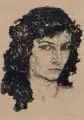 Hans Unger, Frauenporträt, en face mit schulterlangem Haar, Um 1918, Lithografie auf braunem, wolkigen Bütten