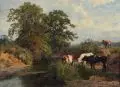 Charles II Collins, Rastende Kühe am sommerlichen Flusslauf, 1882, Öl auf Leinwand