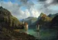 Jacobus H. J. Nooteboom, Alpenlandschaft mit See und Burg. Mitte 19. Jh, Öl auf Holz