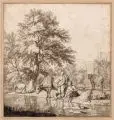 Cornelis Ploos van Amstel, Hirte und Hirtin mit Vieh an einem Bach, 1763, Radierung und Roulette auf Bütten, vollrandig auf Untersatzkarton kaschiert