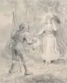 Otto Fikentscher, (zugeschr.), Die Fee und der Zwerg. Wohl Mitte 19. Jh, Bleistiftzeichnung auf kräftigem Papier, auf Untersatzpapier montiert