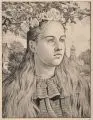 Hans Thoma, Mädchen mit Blumenkranz im Dorf, 1897, Kreidelithografie auf kräftigem Papier