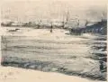 Wilhelm Claus, Blick über die Elbe auf die Dresdner Neustadt entlang der im Bau befindlichen Augustusbrücke, 1908, Lithografie auf chamoisfarbenem, feinen Bütten