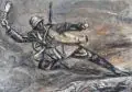 Ludwig Dettmann, Fünf Kriegsszenen aus dem 1. Weltkrieg, 1917, Farbige Pastellkreidezeichnungen, Aquarell und Blei, sparsam in Deckfarben gehöht, auf gräulichem bzw. gelblichem Papier