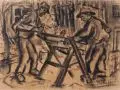 Adriaan Lubbers, Männer beim Sägen, 1923, Kohlestiftzeichnung mit trockenem Pinsel überarbeitet, auf Bütten
