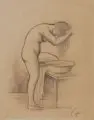 Georg Schrimpf, Mädchen beim Waschen, Vor 1925, Bleistiftzeichnung auf einseitig gestrichenem bräunlichen Velin