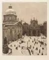 Richard Teschner, Prag - Kreuzherrenplatz (Križovnické square). Anfang 20. Jh, Aquatintaradierung auf kräftigem Papier