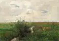 Paul Baum, Weite Wiesenlandschaft mit kleinem, schilfbewachsenen Bachlauf, 1889, Öl auf Leinwand