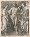 Johann Heinrich Lips, Herkules zwischen Tugend und Wollust mit dem Cupidoknaben, 1775, Radierung mit Kupferstich auf Bütten nach einer Zeichnung von Strange nach dem Gemälde Poussins