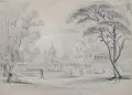 Woldemar Hottenroth, Old Royal Naval College, 1851, Bleistiftzeichnung, partiell mit Kohlestift, sparsam weiß gehöht auf dünnem, grauen Papier, auf Untersatzkarton montiert